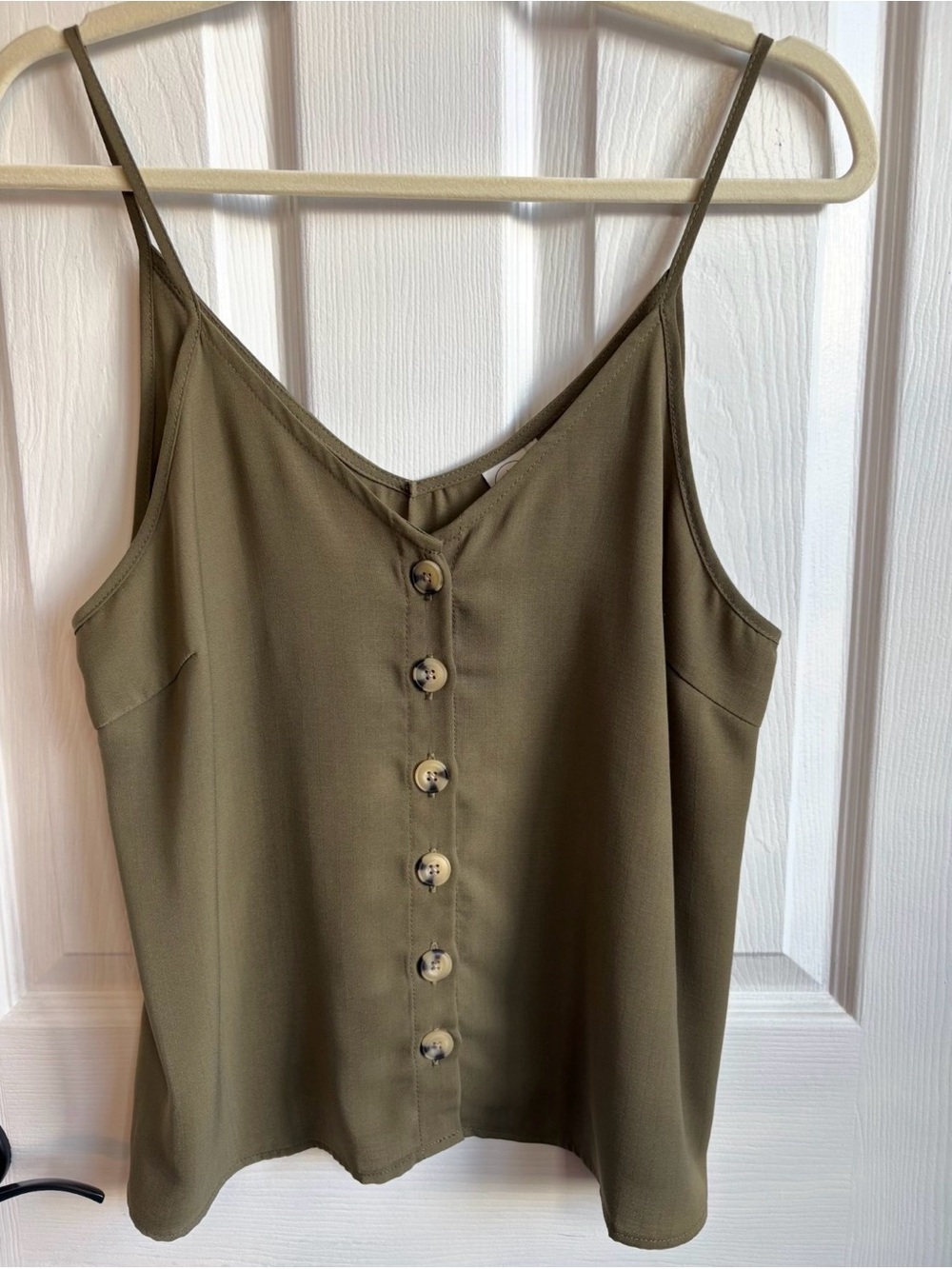 Paper Crane Olive Button-Front Spaghetti Strap Top, Size Medium